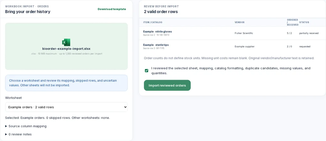 BioOrder order-import preview using clearly labeled example data