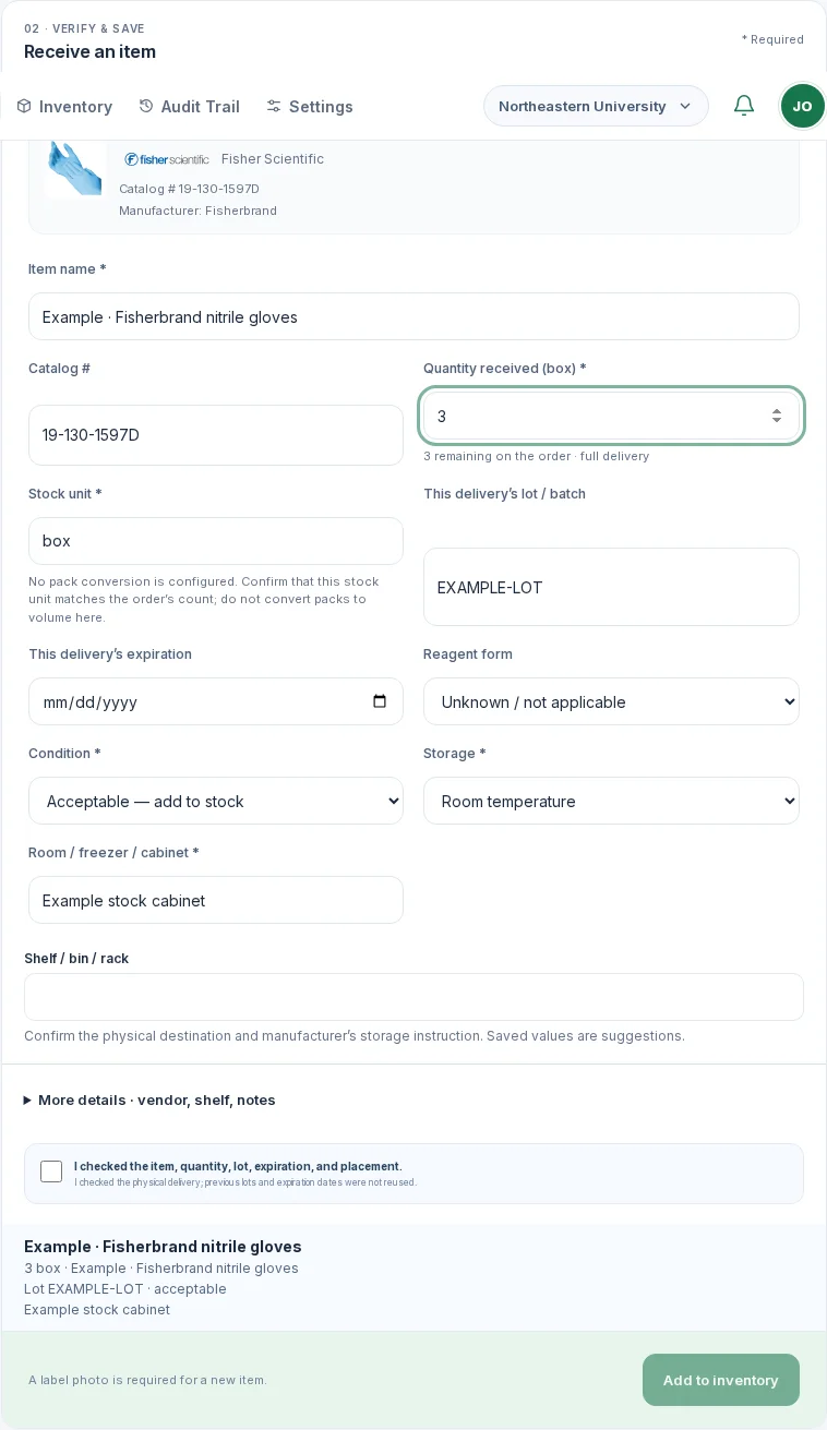 BioOrder receiving form with example item, quantity, unit, and destination